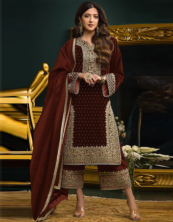Designer Party Wear Salwar Suit Collection Maroon Velvet Pant Straight Front View