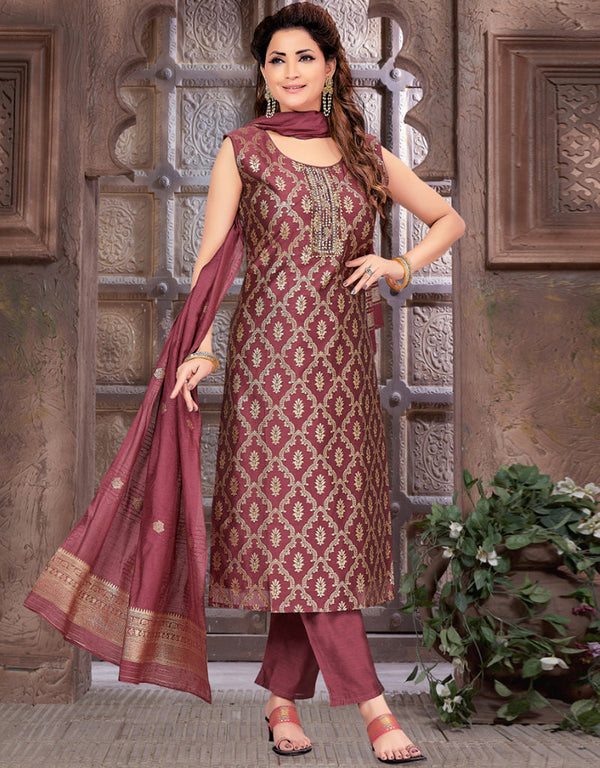 Traditional Premium Heavy Readymade Suit Wine Brocade Silk Pant Straight Front View