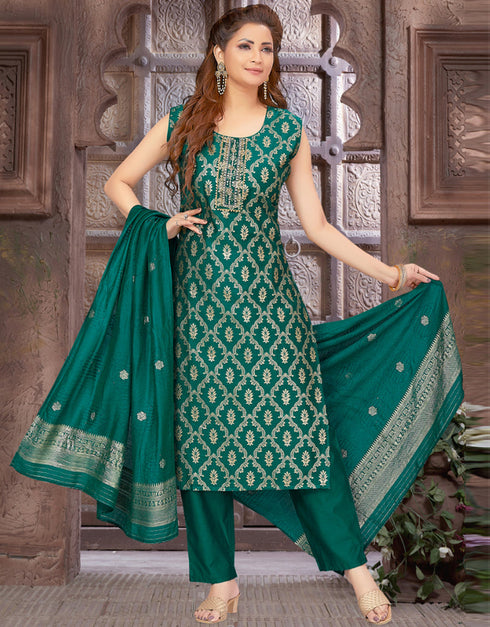 Traditional Premium Heavy Readymade Suit Rama Brocade Silk Pant Straight Front View