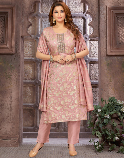 Traditional Premium Heavy Readymade Suit Peach Brocade Silk Pant Straight Front View