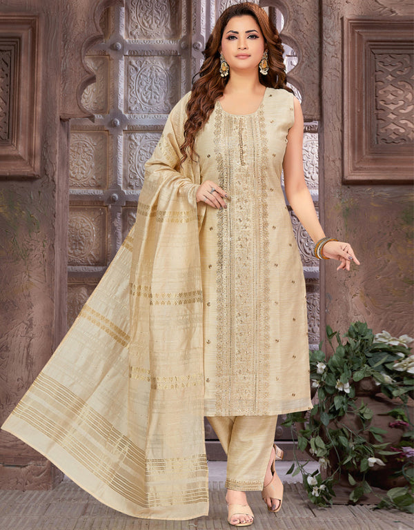 Traditional Premium Heavy Readymade Suit Cream Tissue Pant Straight Front View