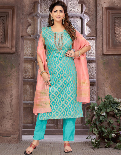 Traditional Premium Heavy Readymade Suit Sky Brocade Silk Pant Straight Front View