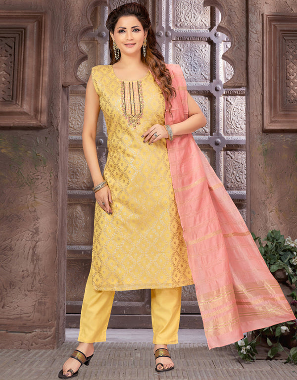 Traditional Premium Heavy Readymade Suit Yellow Brocade Silk Pant Straight Front View