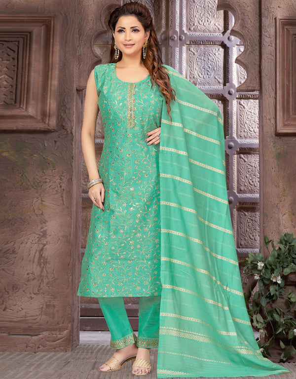 Traditional Premium Heavy Readymade Suit Mint Tisshu Material Pant Straight Front View