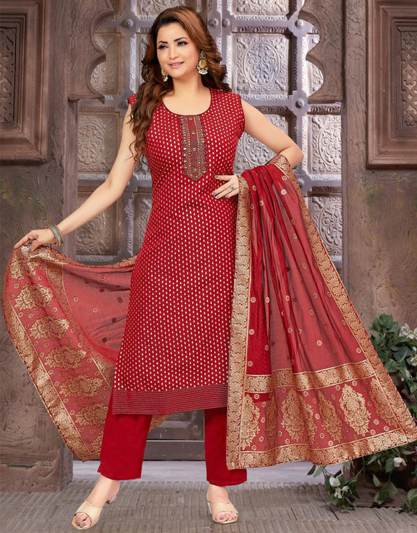 Traditional Premium Heavy Readymade Suit Maroon Brocade Silk Pant Straight Front View