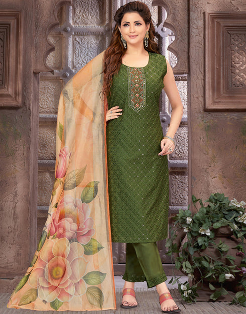 Traditional Premium Heavy Readymade Suit Mehandi Soft Silk Pant Straight Front View