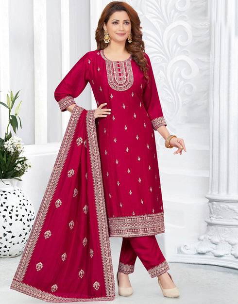 Traditional Premium Heavy Readymade Suit Rani Pink Vichitra Silk Pant Straight Front View