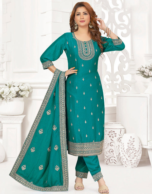 Traditional Premium Heavy Readymade Suit Teal Vichitra Silk Pant Straight Front View