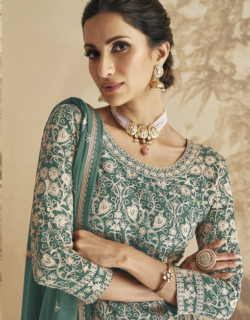 Traditional Function Wear Georgette Salwar Suit Collection Light Green Georgette Sharara Suit Close-up View