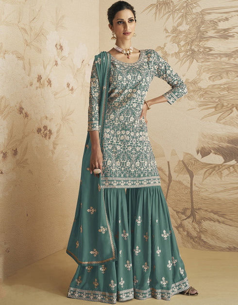 Traditional Function Wear Georgette Salwar Suit Collection Light Green Georgette Sharara Suit Front View