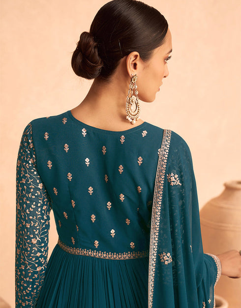 Traditional Function Wear Georgette Salwar Suit Collection Teal Blue Georgette Pant Anarkali Close-up View