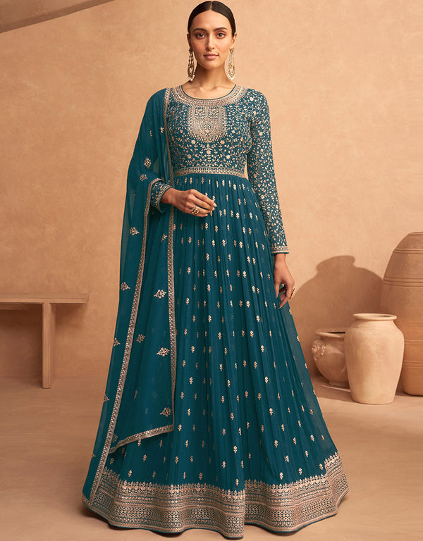 Traditional Function Wear Georgette Salwar Suit Collection Teal Blue Georgette Pant Anarkali Front View