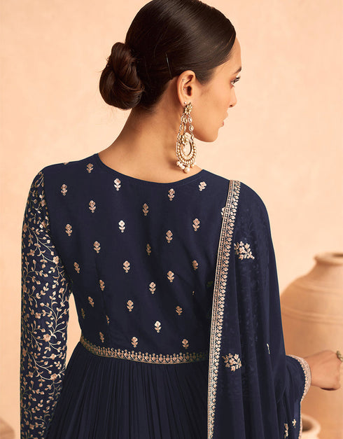Traditional Function Wear Georgette Salwar Suit Collection Navy Blue Georgette Pant Anarkali Close-up View