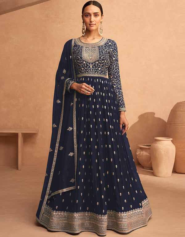 Traditional Function Wear Georgette Salwar Suit Collection Navy Blue Georgette Pant Anarkali Front View