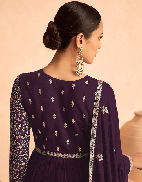 Traditional Function Wear Georgette Salwar Suit Collection Purple Georgette Pant Anarkali Close-up View