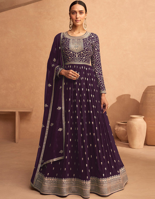 Traditional Function Wear Georgette Salwar Suit Collection Purple Georgette Pant Anarkali Front View