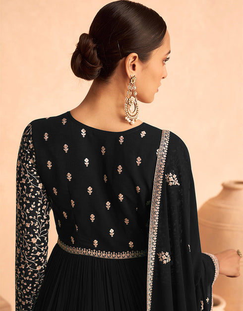 Traditional Function Wear Georgette Salwar Suit Collection Black Georgette Pant Anarkali Close-up View