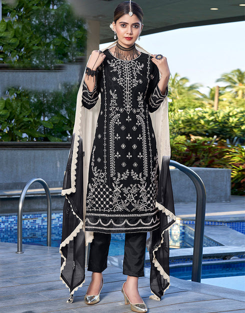 Traditional Function Wear Salwar Suit Collection Black Heavy Georgette Pant Straight Front View