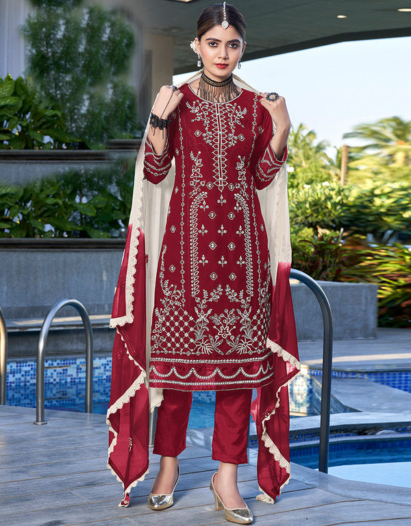 Traditional Function Wear Salwar Suit Collection Maroon Heavy Georgette Pant Straight Front View