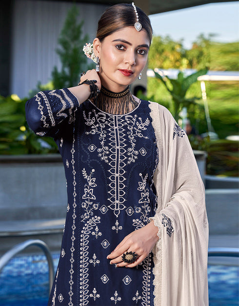 Traditional Function Wear Salwar Suit Collection Navy Bule Heavy Georgette Pant Straight Close-up View