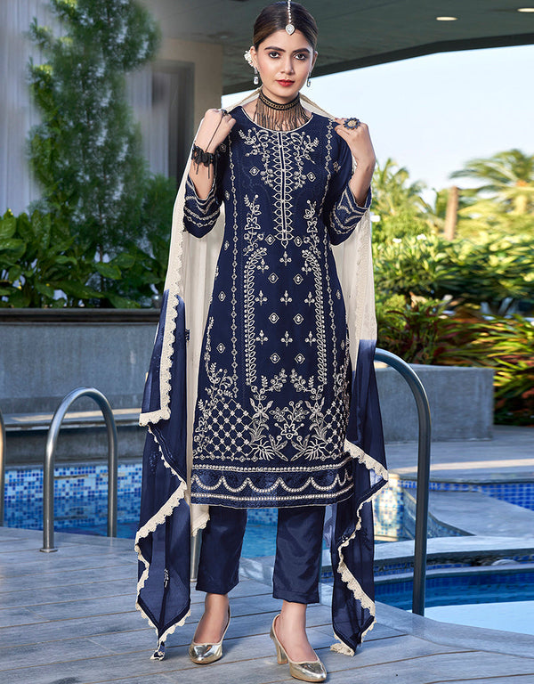 Traditional Function Wear Salwar Suit Collection Navy Bule Heavy Georgette Pant Straight Front View