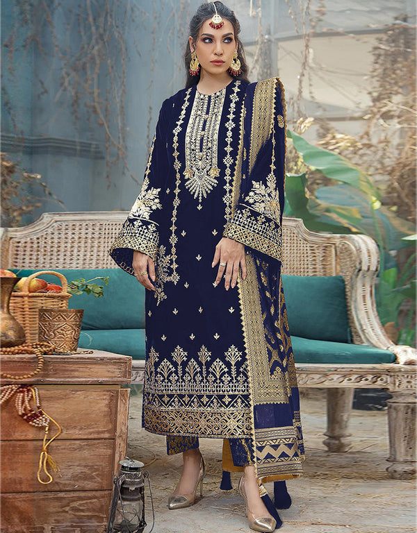 Designer Party Wear Salwar Suit Collection Blue Georgette Pant Straight Front View