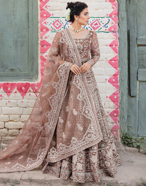 Traditional Function Wear Gown With Dupatta Collection Brown Heavy Butterfly Net Gown Close-up View