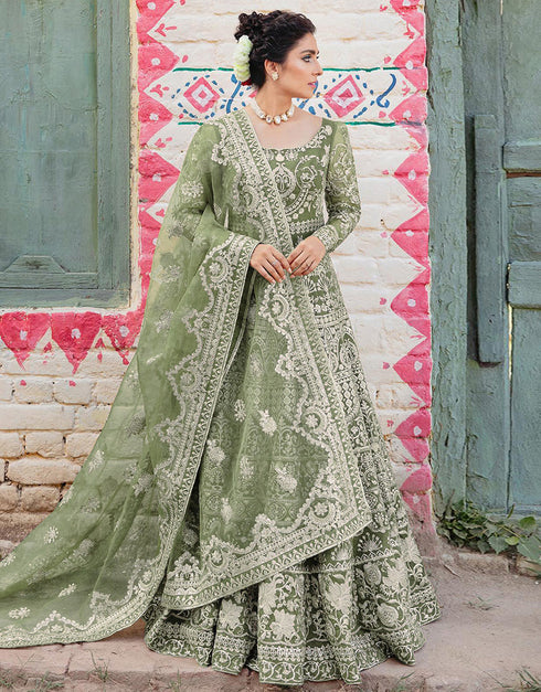 Traditional Function Wear Gown With Dupatta Collection Mehendi Green Heavy Butterfly Net Gown Close-up View