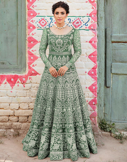 Traditional Function Wear Gown With Dupatta Collection Pista Green Heavy Butterfly Net Gown Front View