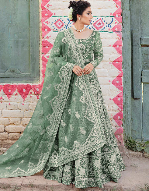 Traditional Function Wear Gown With Dupatta Collection Pista Green Heavy Butterfly Net Gown Close-up View