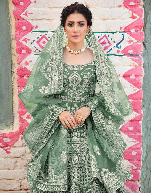 Traditional Function Wear Gown With Dupatta Collection Pista Green Heavy Butterfly Net Gown Back View
