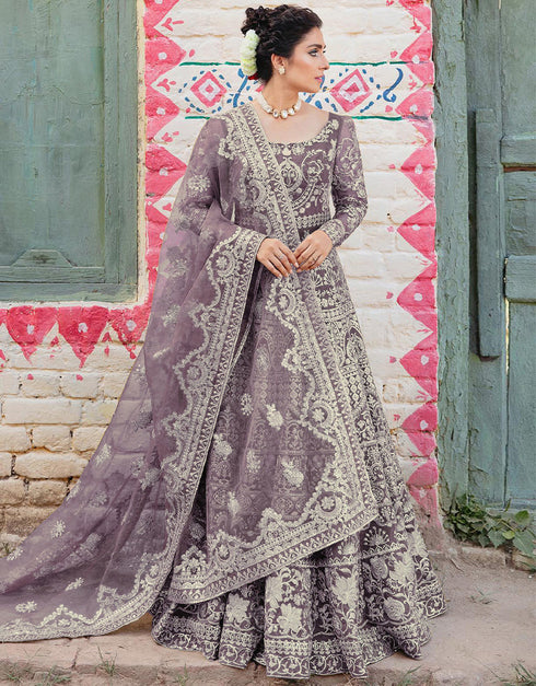 Traditional Function Wear Gown With Dupatta Collection Purple Heavy Butterfly Net Gown Close-up View