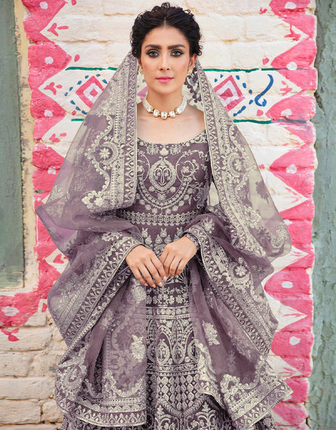 Traditional Function Wear Gown With Dupatta Collection Purple Heavy Butterfly Net Gown Back View