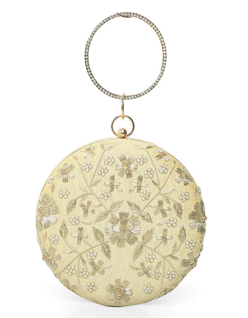 Cream Designer Embroidery Heavy Clutches-Accessories