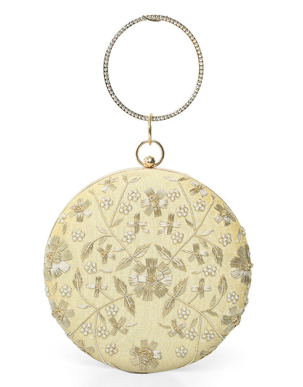 Cream Designer Embroidery Heavy Clutches-Accessories