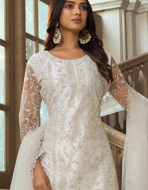 Traditional Function Wear Heavy Butterfly Net Salwar Suit Collection White Heavy Butterfly Net Pant Straight Close-up View