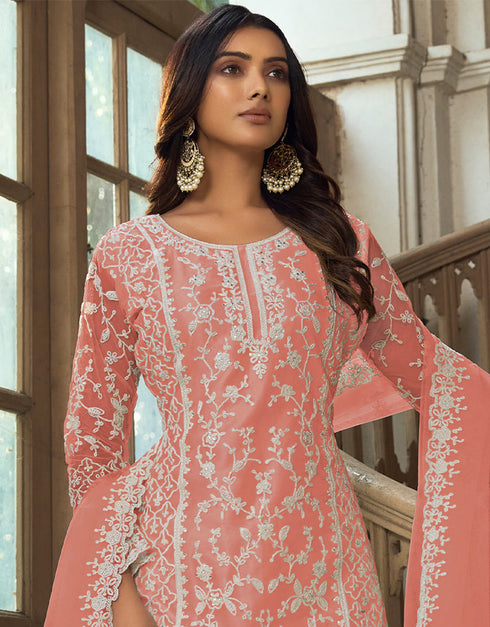 Traditional Function Wear Heavy Butterfly Net Salwar Suit Collection Peach Heavy Butterfly Net Pant Straight Close-up View