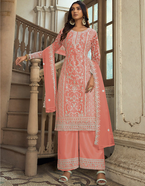 Traditional Function Wear Heavy Butterfly Net Salwar Suit Collection Peach Heavy Butterfly Net Pant Straight Front View