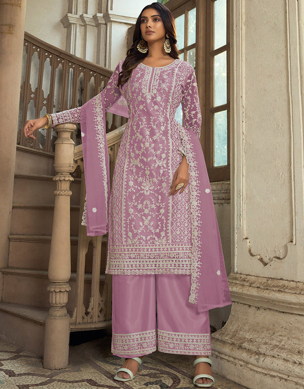 Traditional Function Wear Heavy Butterfly Net Salwar Suit Collection Lavender Heavy Butterfly Net Pant Straight Front View