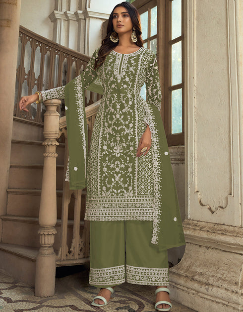 Traditional Function Wear Heavy Butterfly Net Salwar Suit Collection Mehandi Heavy Butterfly Net Pant Straight Front View