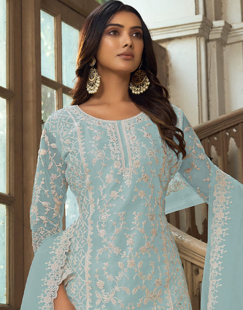 Traditional Function Wear Heavy Butterfly Net Salwar Suit Collection Sky Heavy Butterfly Net Pant Straight Close-up View