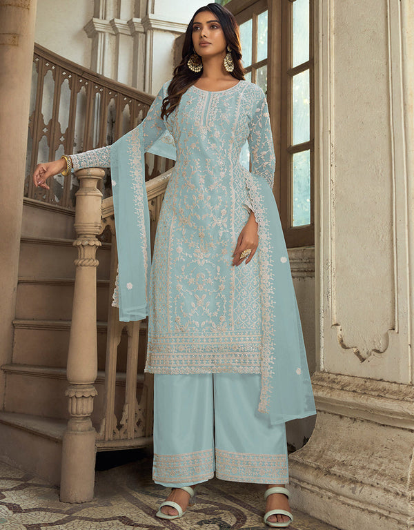 Traditional Function Wear Heavy Butterfly Net Salwar Suit Collection Sky Heavy Butterfly Net Pant Straight Front View