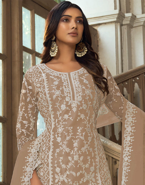 Traditional Function Wear Heavy Butterfly Net Salwar Suit Collection Beige Heavy Butterfly Net Pant Straight Close-up View