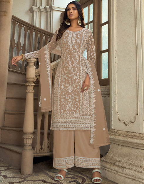 Traditional Function Wear Heavy Butterfly Net Salwar Suit Collection Beige Heavy Butterfly Net Pant Straight Front View