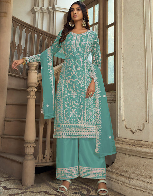 Traditional Function Wear Heavy Butterfly Net Salwar Suit Collection Mint Heavy Butterfly Net Pant Straight Front View