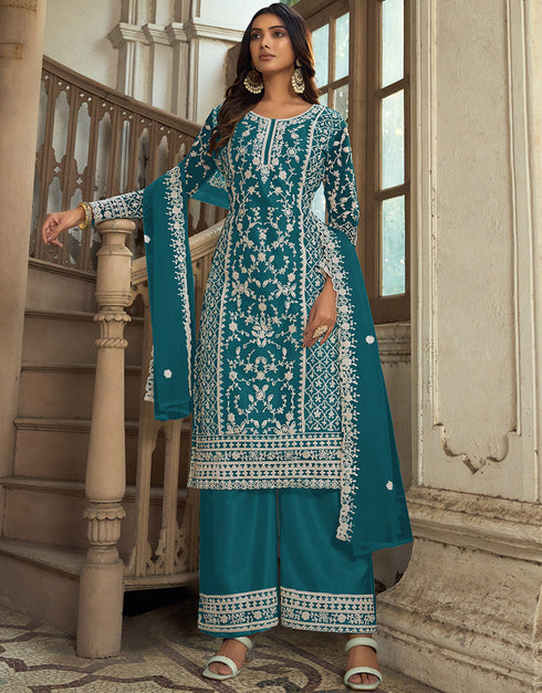 Traditional Function Wear Heavy Butterfly Net Salwar Suit Collection Teal Heavy Butterfly Net Pant Straight Front View