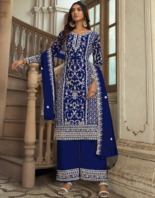 Traditional Function Wear Heavy Butterfly Net Salwar Suit Collection Navy Blue Heavy Butterfly Net Pant Straight Front View