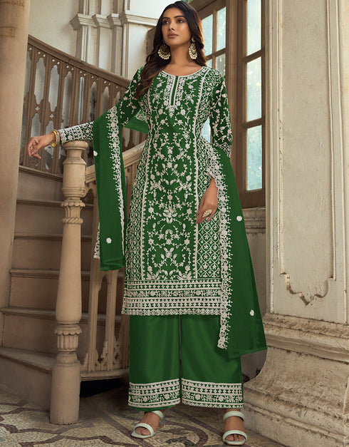 Traditional Function Wear Heavy Butterfly Net Salwar Suit Collection Green Heavy Butterfly Net Pant Straight Front View