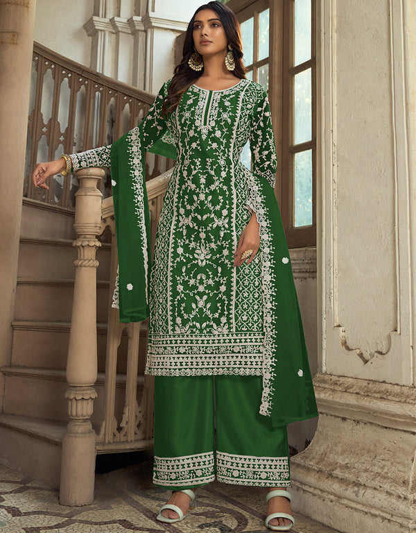 Traditional Function Wear Heavy Butterfly Net Salwar Suit Collection Green Heavy Butterfly Net Pant Straight Front View