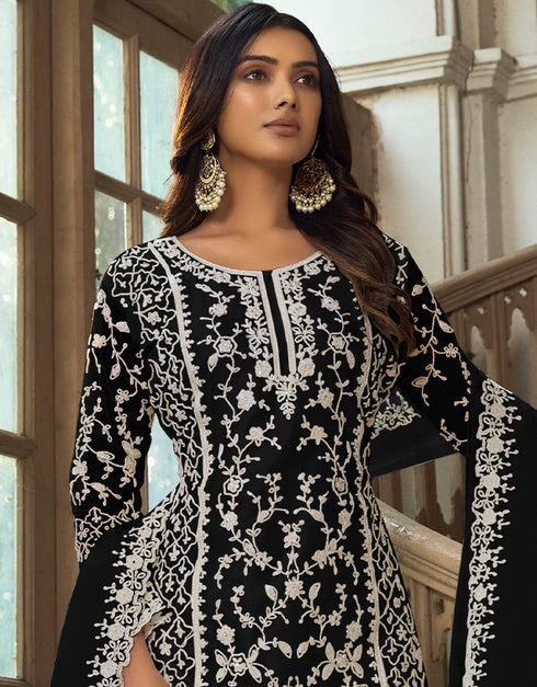 Traditional Function Wear Heavy Butterfly Net Salwar Suit Collection Black Heavy Butterfly Net Pant Straight Close-up View